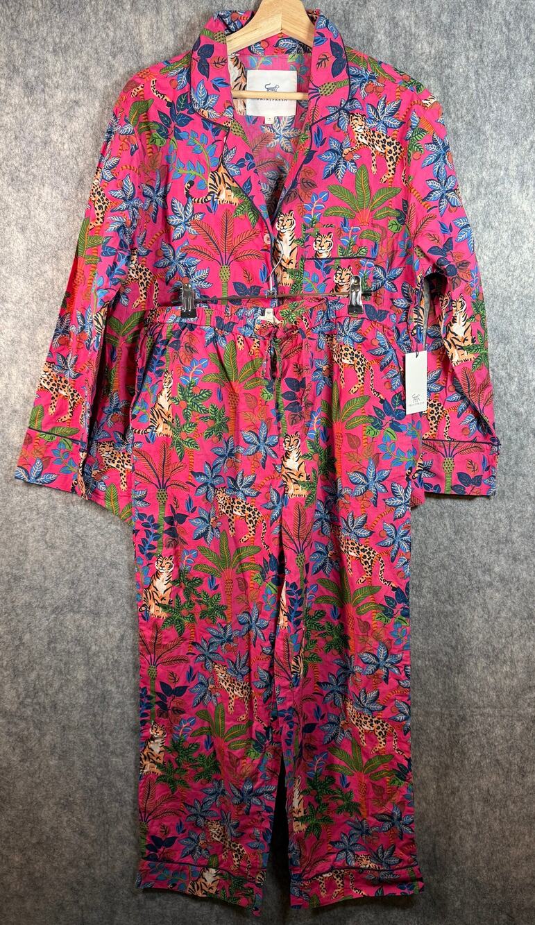 NEW Print Fresh Bagheera Womens Big Cat Energy Pink Medium 2 Piece Pajama Set